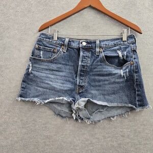 Levi's Women Shorts W31 Blue Denim Jeans Cutoff High Rise Button Fly Logo